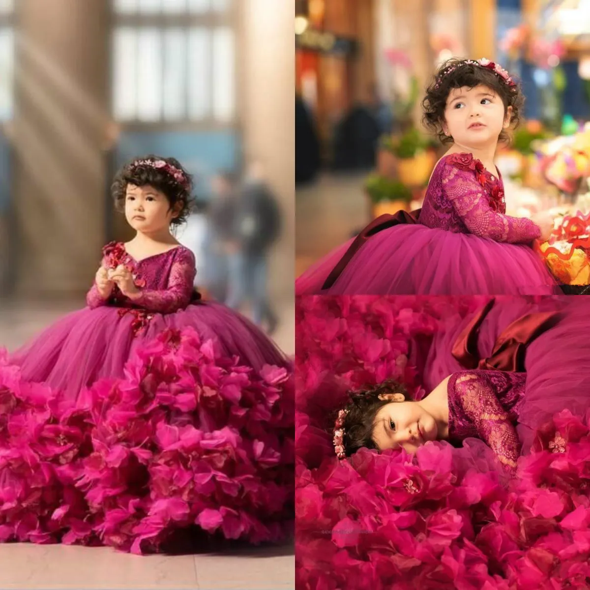 2020 Mooie Baljurk Meisje Pageant Jurken Kant Top Lange Mouwen Tiered 3D Bloemen Puffy Tulle Birthday Prom Jurken Kids Formal Wear