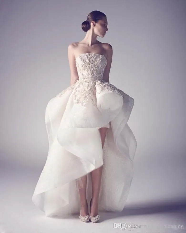 Krikor Jabotian High Low Tulle Wedding Dress A Line Strapless Backless Bridal Gown Applique Custom Made 2024