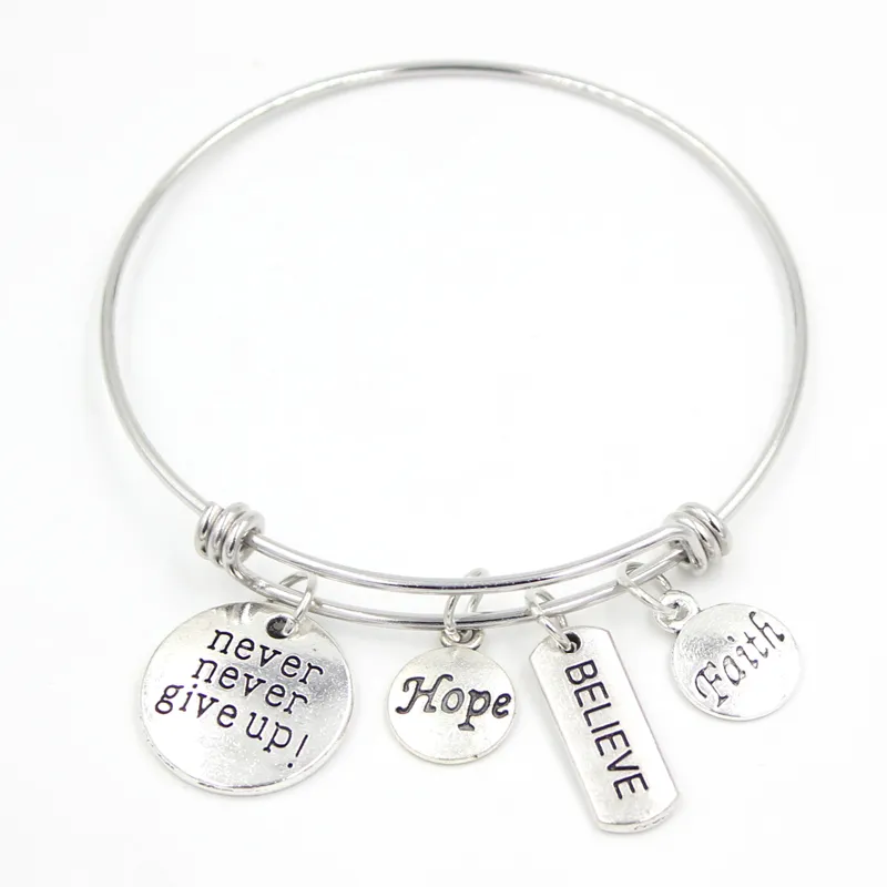 Gros Inspiration Bijoux Bracelet Bracelet En Acier Inoxydable Inspire Never Give Up Hope Faith Believe charmes BraceletBangle cadeaux pulsera