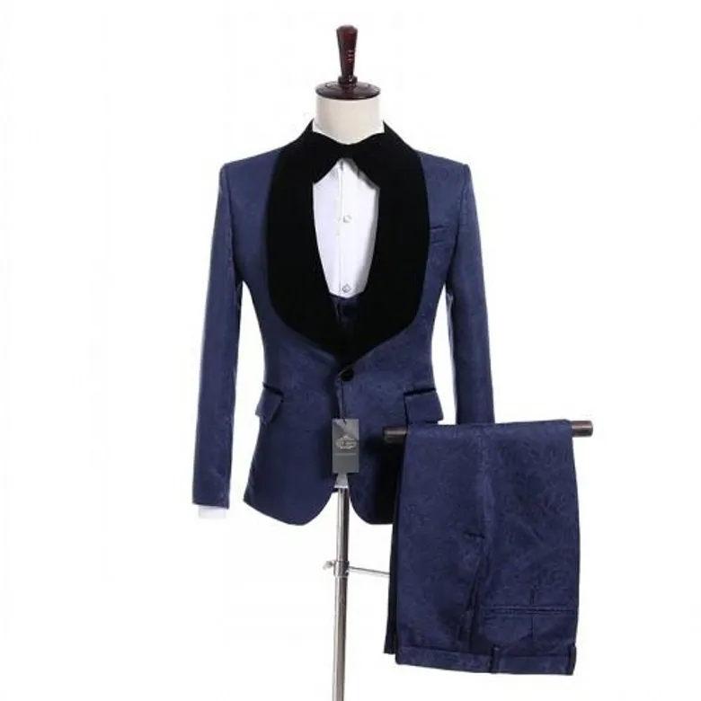 New Arrival One Button Navy Blue Paisley Wedding Groom Tuxedos Shawl Lapel Groomsmen Men Suits Prom Blazer (Jacket+Pants+Vest+Tie) W13