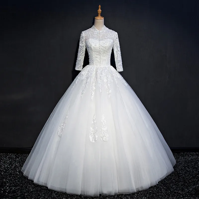 Vintage alto pescoço vestido de casamento vestidos de casamento com laço apliques 2019 mangas compridas vestidos de casamento sem encosto