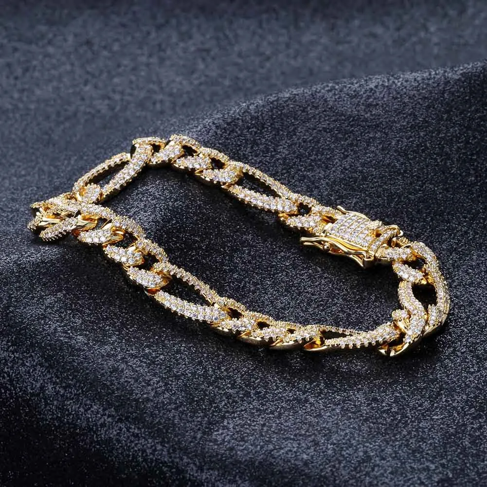 Fashion- Gold Plated CZ Cubic Zircon Iced Out Figaro Chain Bracelet 10mm 7/8 inch Miami Rapper Jewelry Wristband Cuban Link Chains for Boys