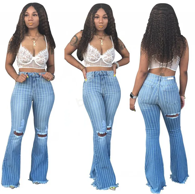 Frauen Gestreifte Flare Jeans Hosen Zerrissene Loch Schlank Sexy Vintage Bootcut Weites Bein Ausgestellte Jeans Büro Dame Schlaghosen Denim Hosen LJJA3038-1