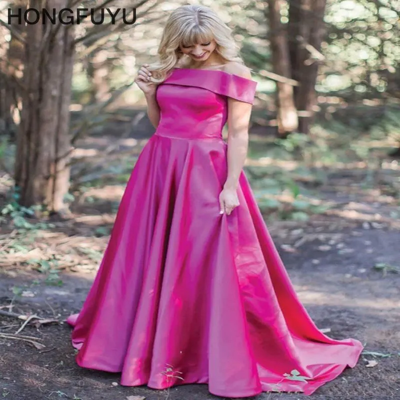 2018 New Fuchsia Vestidos de Festa Strapless Korta ärmar Strapless Lång Prom Klänningar 2019 Ärmlös Golvlängd Satin Aftonklänningar