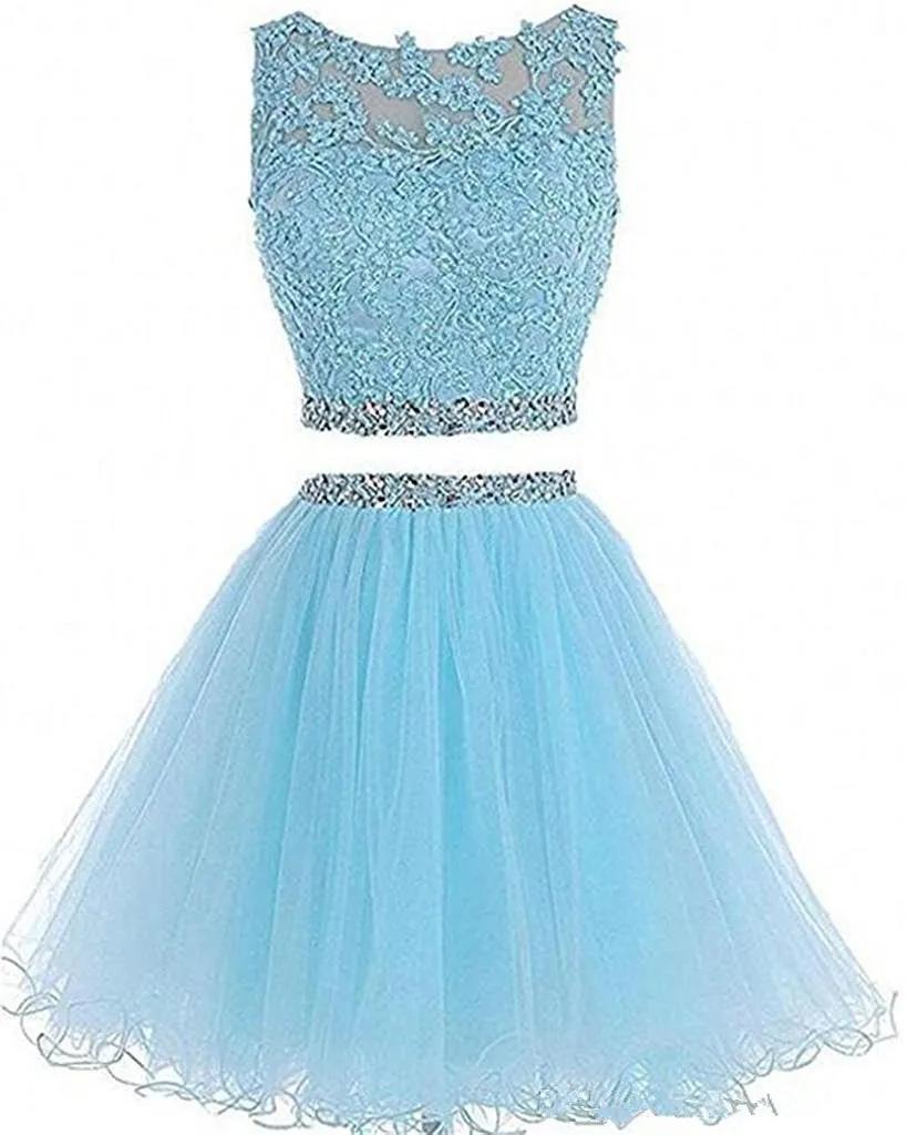 2019 Nyaste två styck Tulle Korta Homecoming Klänningar för Juniors Kvinnor Plus Storlek Applikationer Mini Graduation Formell Prom Party Gown Al11