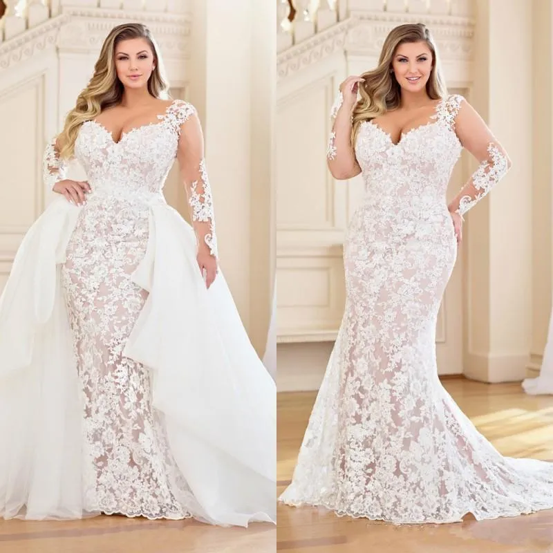 Modest Plus Size Mermaid Bröllopsklänningar Med Avtagbar Tåg Långärmad Full Lace Appliqued Bridal Dress V Neck Bröllopsklänning