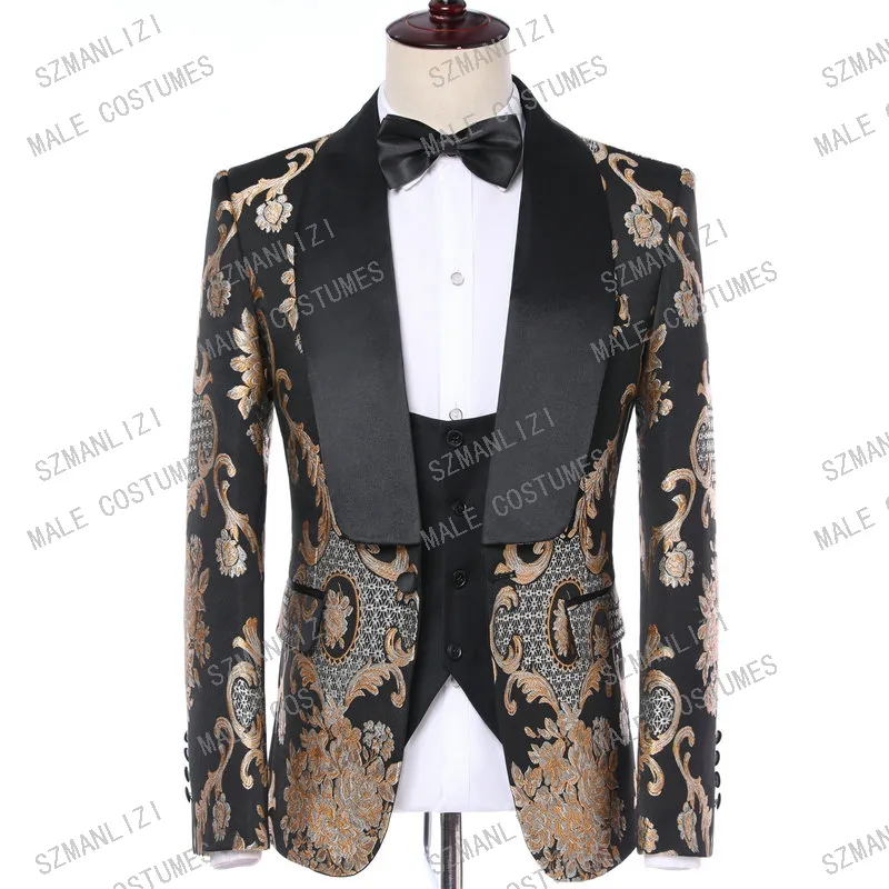 Terno Masculino Slim Fit 2019 Marka Tuxedo 3 Parça Takımlar Erkekler Paisley Nakış Gelinlik Damat Takım Kostüm Homme Mariage