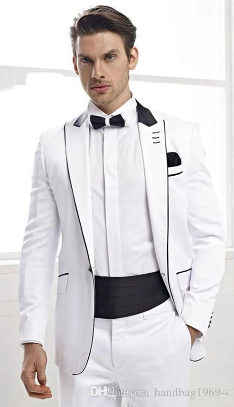 Handsome White Groom Tuxedos Peak Lapel Man Prom Dress Blazer Mens Bröllop Busienss Passar (Jacka + Byxor + Tie) H: 959