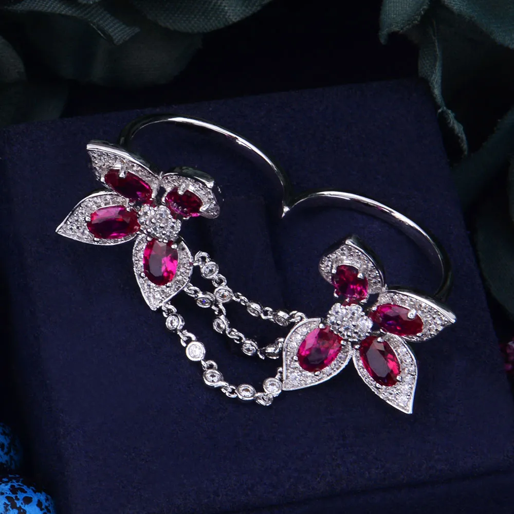 Fashion- Unique Monaco Designer Luxury Flower Leaf Cubic Zironia Engagement Dubai Naija Bridal Double Finger Ring Jewelry Addiction