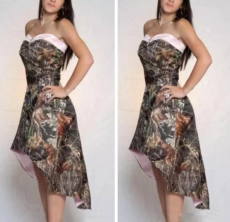 Robes de demoiselle d'honneur Vintage High Low Country 2019 Modeste Camo Real Tree Bretelles Junior Bohème Plage Invité De Mariage Robe De Fête