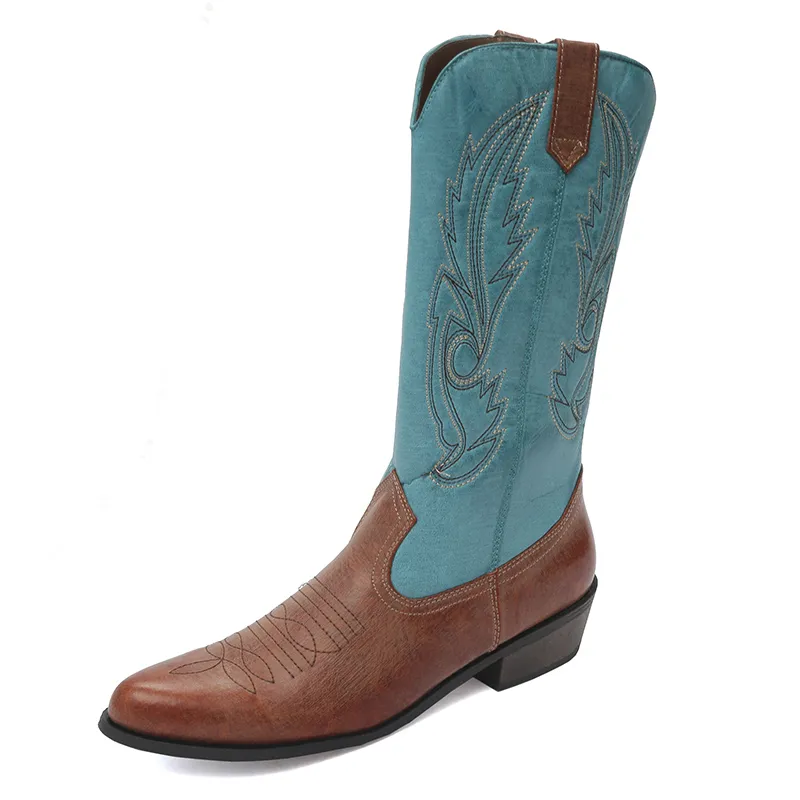 Venda Quente - Bordado Rosto Rodeo Vaqueiro Ocidental Botas para Mulheres Pu Couro Cowgirl Botas Baixas Saltos Sapatos Mulher Equitação