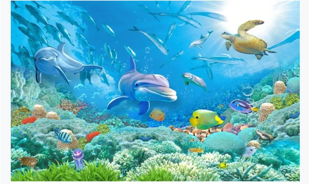 Custom 3D HD Wallpaper For Home Decor Dolphin, Coral, Turtle, Fish Group  Underwater World TV Background Mural Cartoon Wallpaper Hd For Walls From  R15907037876, $10.03