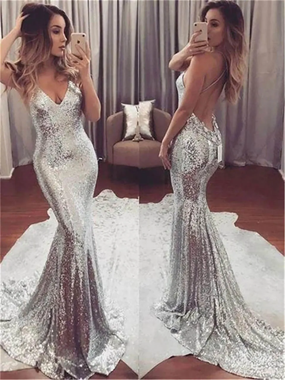 Sexy backless Sequin Mermaid Avondjurk Sparkly Spaghetti Riemen Avondjurken met Slit Vestido de Festa