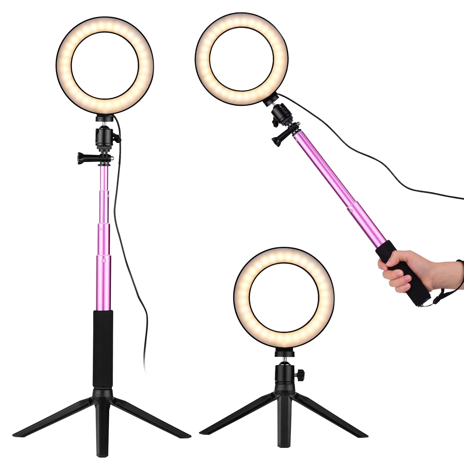 6 tum mini LED Ring Light Pography Lamp Dimble 3 Belysningslägen Mini Desktop Tripode Ballhead för Selfie Pography274o
