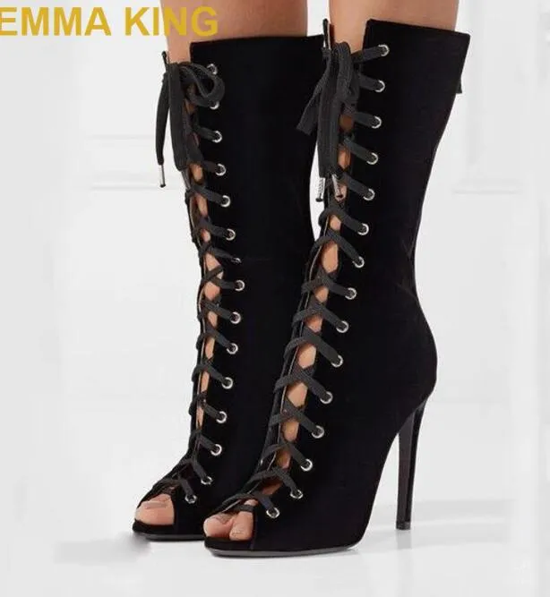 Black Suede Peep Toe Botki Dla Kobiet Cross-Wiązany Lace Up Kobiety Buty Buty Wiosna / Jesień Seksowne Ladies Stiletto Bootie