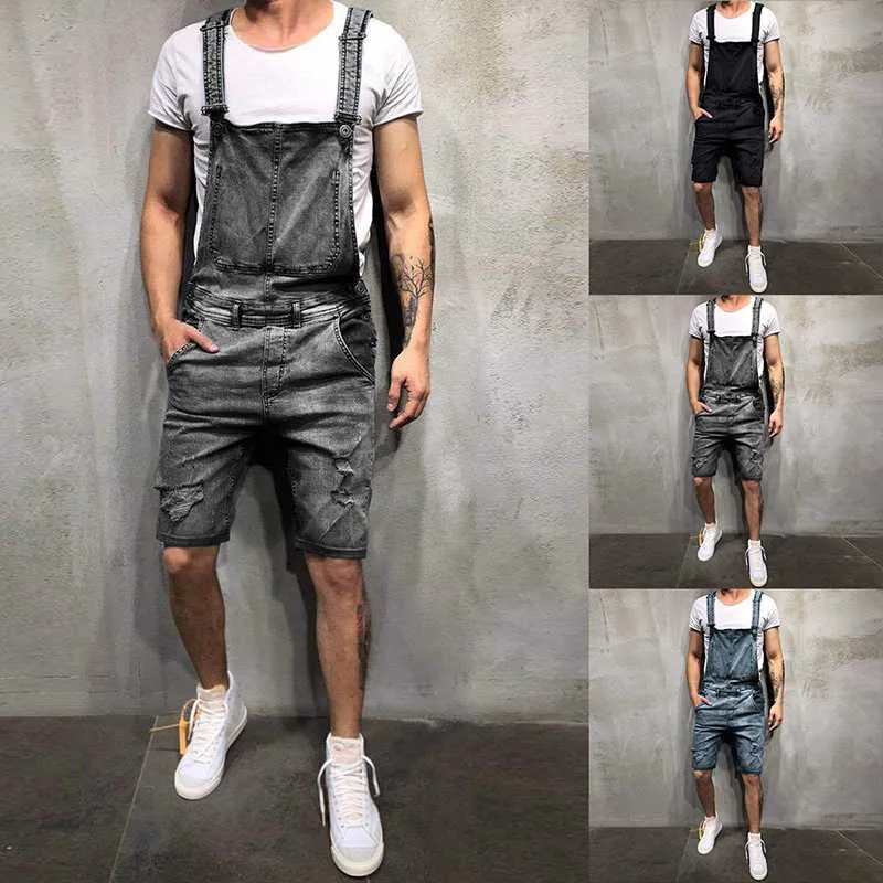 Oversize Men Ripped Jeans Jumpsuits Short Pants Summer Street Style Distressed Denim Bib Overalls Suspender Short Pants