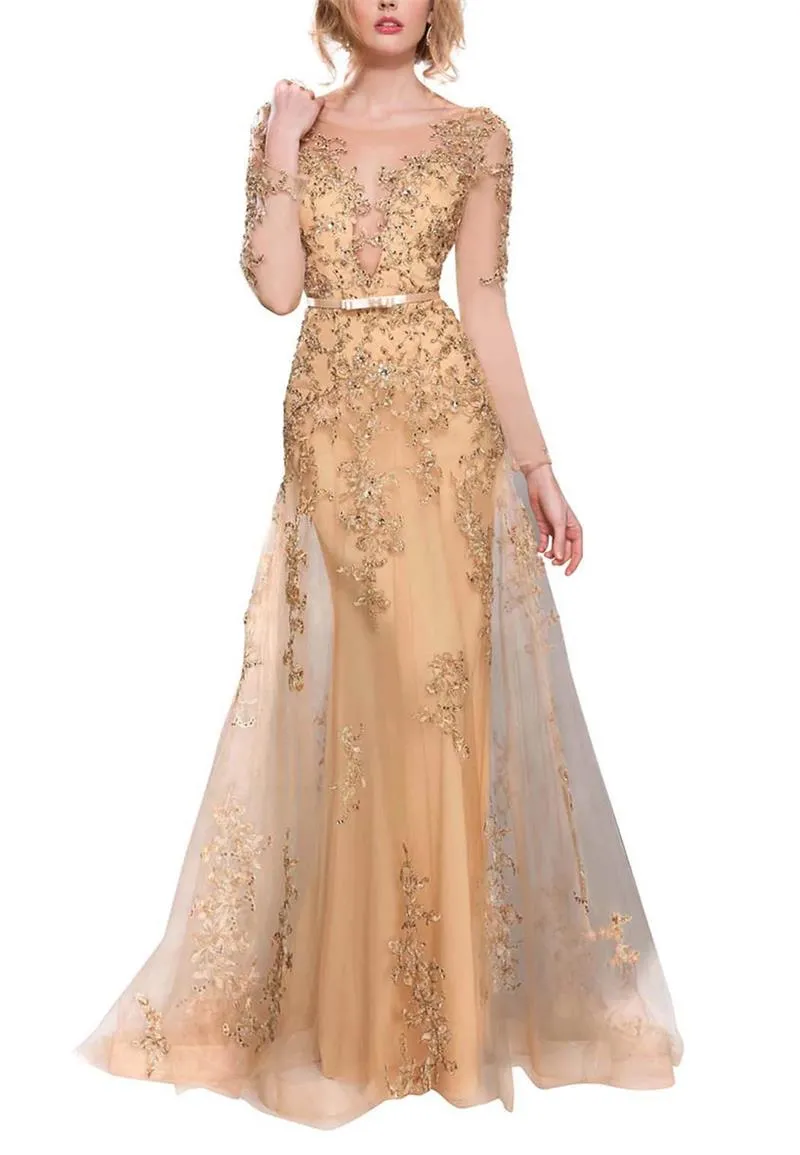 2022 Ny elegant kvällsklänning med långärmad guld illusion båge bälte blommig applique pärlor paljetter rhinestones formella fest prom klänningar