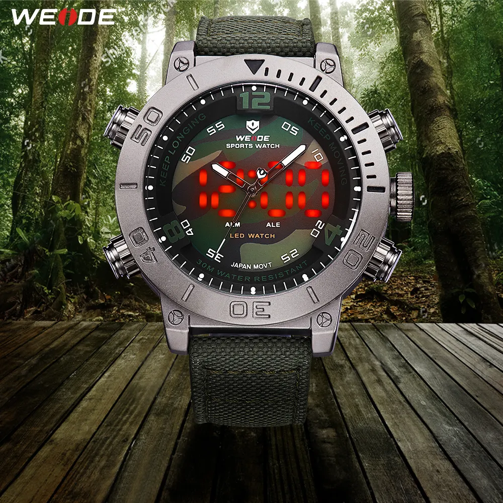 Weide homem marca de luxo casual movimento quartzo relógio led digital analógico cinta náilon camuflagem dial relógio pulso relogio masculino