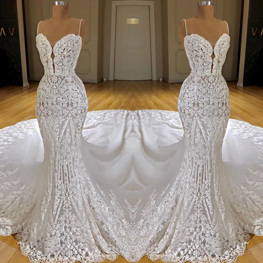 Elegant Lace Mermaid Wedding Dresses Appliques Sleeveless Bridal Gowns ...