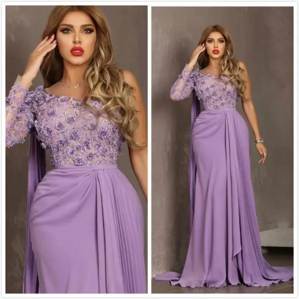 2020 New Arrival Purple Prom Dresses Sexy One Shoulder Neckline Long Sleeve 3D Floral Lace Fabric Bodice Chiffon Skirt Formal Evening Gowns