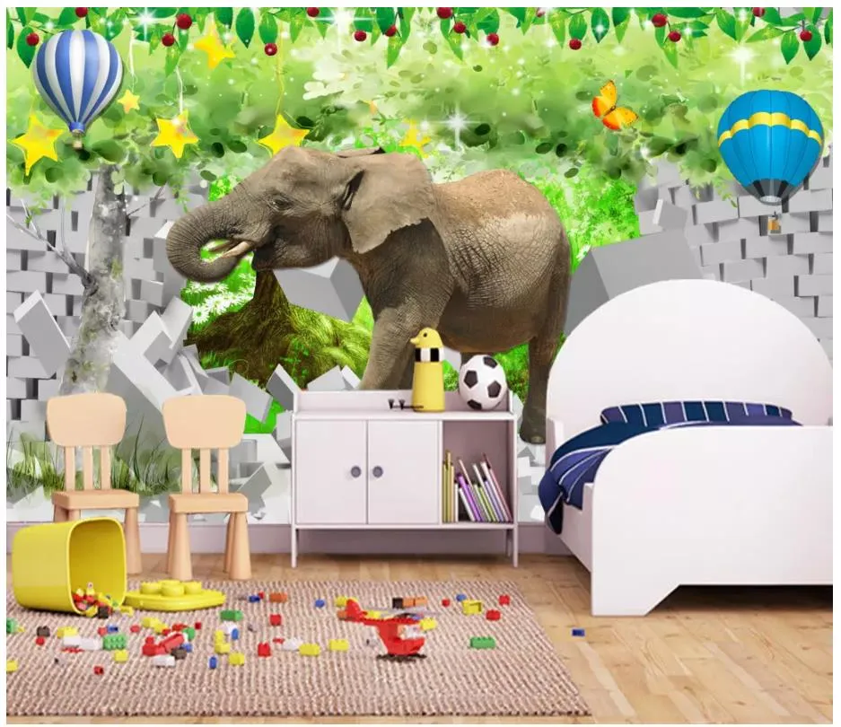 3D-foto tapet anpassade 3d väggmålningar tapet 3d elefant tegelvägg stor träd landskap skogar barn rum väggmålning papel de parede