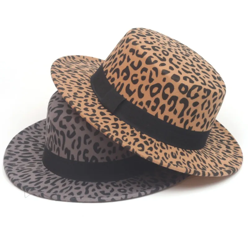 Save Big on Bulk Leopard Print Fedora Hat 2024 New Women Men Leopard Print  Wool Felt Boater Hat Wide Brim Flat Top Fedora Hats Retro Ladies Formal