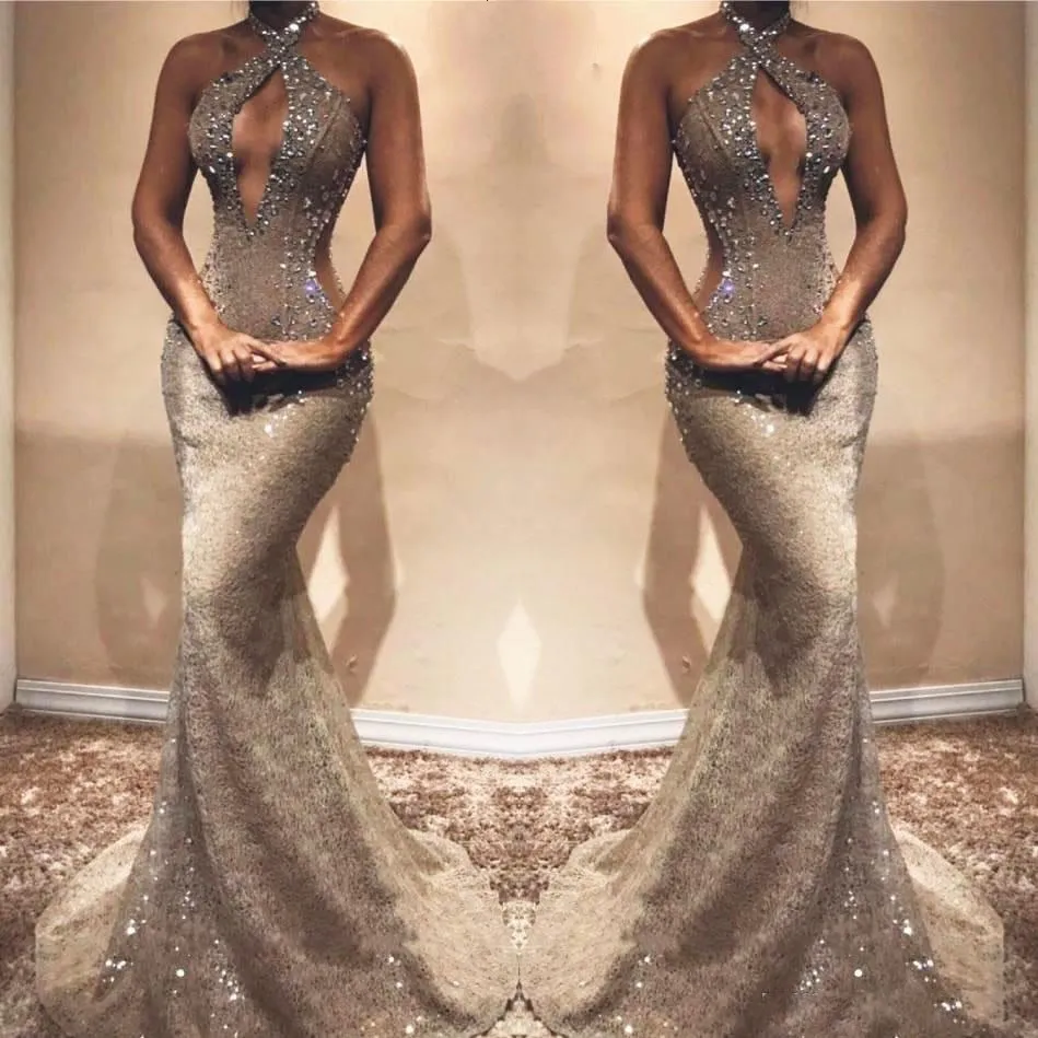 Robe de bal sirène en dentelle perlée grise, buste creux, dos nu, sans manches, tenue de soirée pour femme Sexy, robe de remise de diplôme, 2019