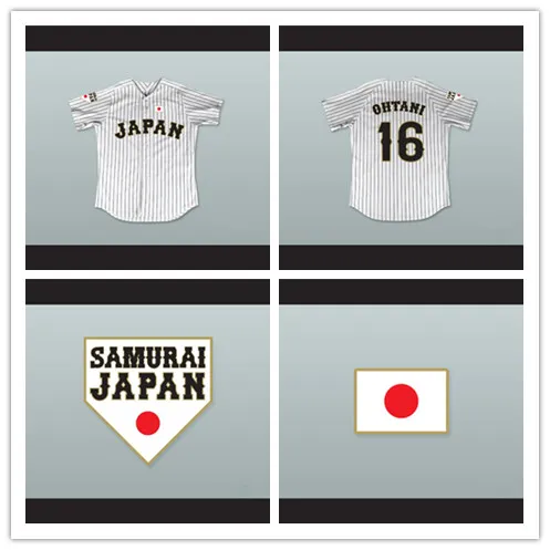 Shohei Ohtani tröja herr 16 Japan Samurai vit kritrandiga baseballtröjor storlek S-XXXL