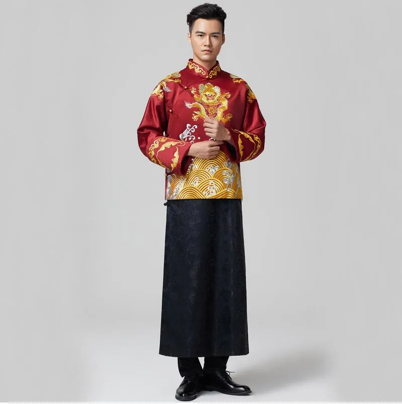 slim fit dress slacks Embroidered Dragon Chinese Traditional Chinese Men's Wedding Suit XL / Red main image 1