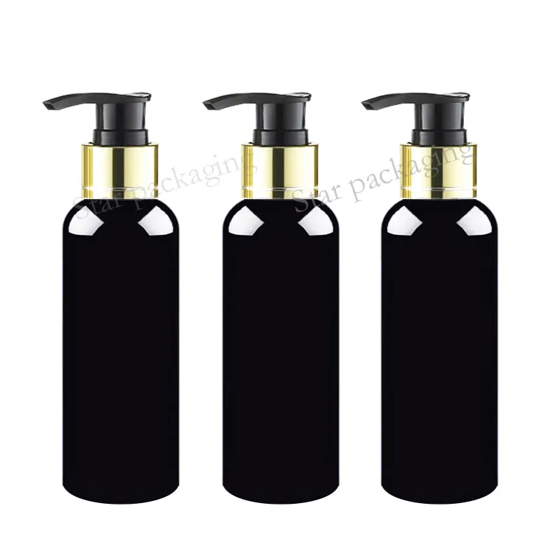 Bouteilles en plastique noir de 150ml, avec distributeur pour shampoing, récipients de lotion personnalisés avec pompe à collier doré, 50 pièces
