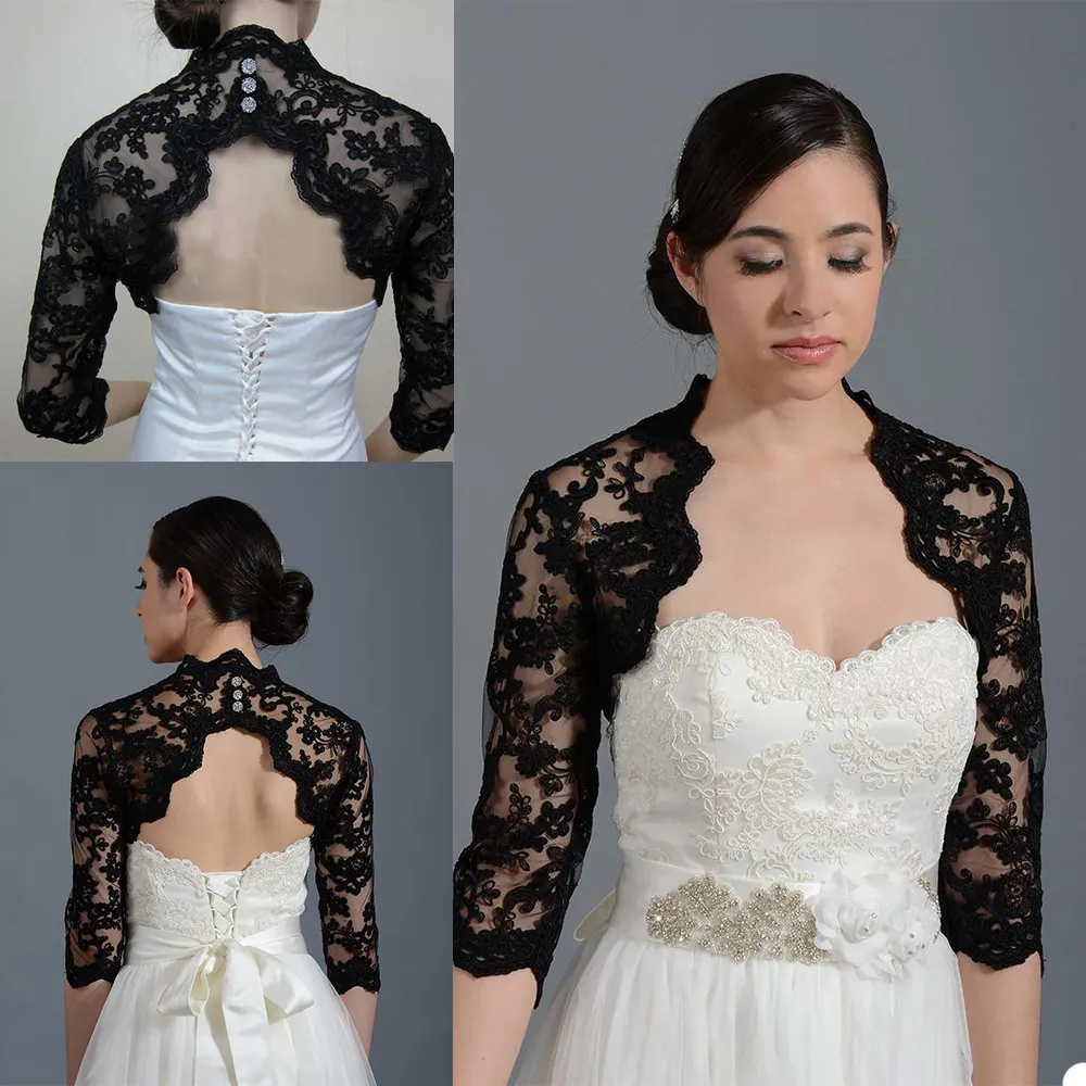 Vintage Bridal Jackets Black Bolero Wedding Top Lace Appliques Långärmad skräddarsydd knapp Back Plus Size Brudtillbehör287E