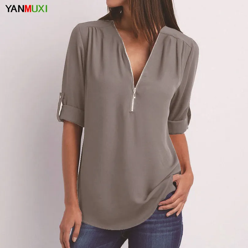 Mousseline De Soie Plus La Taille S-5xl Femmes Casual Col En V Zipper Tunique Tops Été 2018 Femmes Blouses De Mode Femmes Vêtements Ropa Mujer Y190510