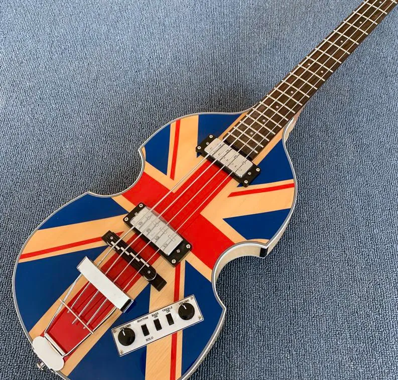 DHgate H500 1 CT Contemporary Violin Deluxe Bass Maple Electric Guitars Vintage England Flag Design Flame Maple Back Side Musical Instruments