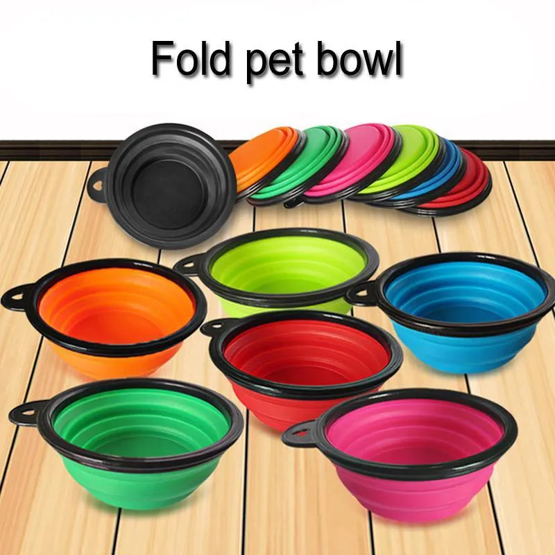 도매 7 색 야외 여행 휴대용 축소 애완 동물 강아지 고양이 먹는 그릇 실리콘 Foldable 물 요리 피더 강아지 그릇 DH0275