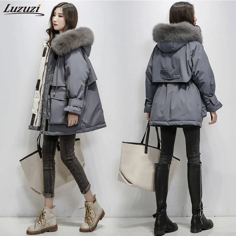 Luzuzi Winter Women Real Natural Fur Collar Hooded Down Loose Coat Parka Female Thick Warm White Duck Down Oversize Jacket