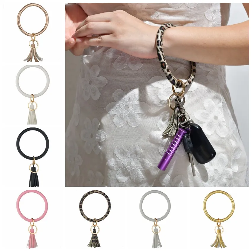 Key Ring Bracelet Wristlet – Leather Tassel Bangle Keychain For Women & Girls (White)