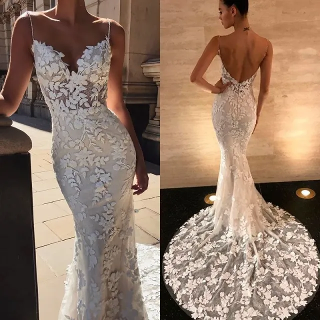 Gorgeous Open Back Spaghetti-Straps Mermaid Wedding Dresses Leaves Lace Zipper Back Fashion Bridal Wedding Gowns Illussion Top 2019