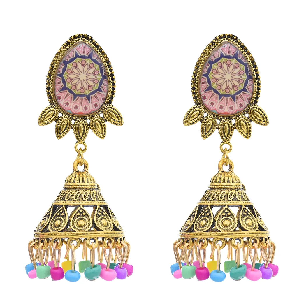 Vintage Gold Metal Acrylic Beads Tassel Indian Jhumka Earrings for Women Festival Party Jewelry