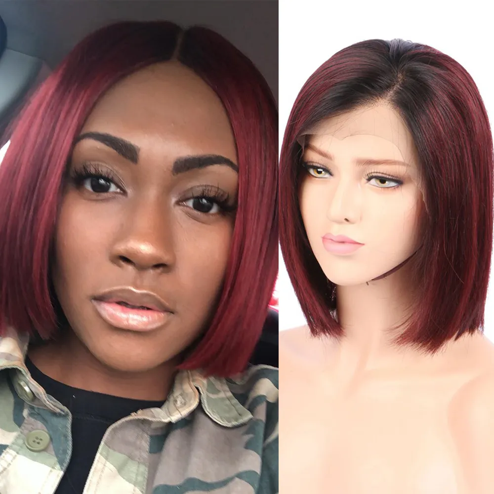 T1b/99j#Ombre Color Straight 4x4 Lace Closure Short Bob Human Hair Wig Short 8inch to 14inch Brazilian Human Hair Wig