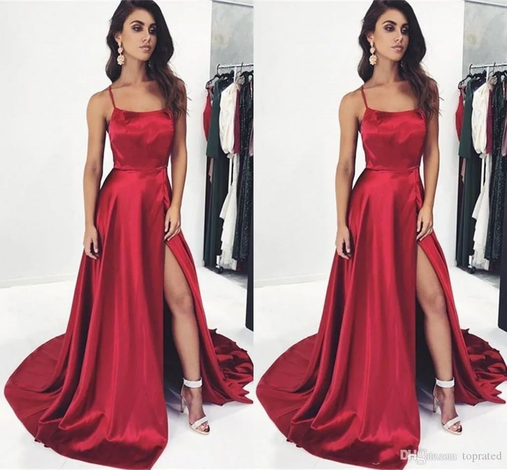 Donker Simple Elegant Red Prom Dress A Line Sexy Beaks Spaghetti Satin High Split formele feestavondjurken goedkope gewaden de soire