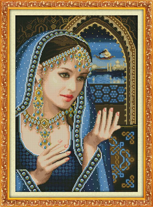 Indisk Blå Skönhet Kvinna Heminredning Måleri, Handgjorda Kors Stitch Broderi NeedleWork Sets Rotted Print på Canvas DMC 14ct / 11ct