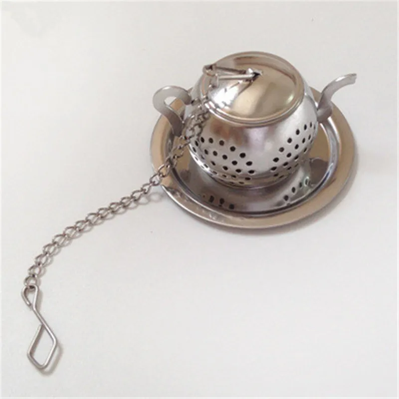 200pcs 304 Stainless Steel 3.8cm Round Teapot Shape Loose Leaf Herb Tea Pot Infuser Strainer Filter with a tray