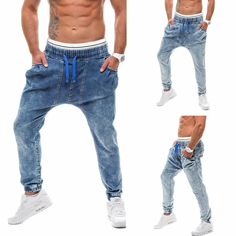 2019 vår och höst varm försäljning män byxor harem byxor jeans sweatpants mörkblå ljusblå casual jeans