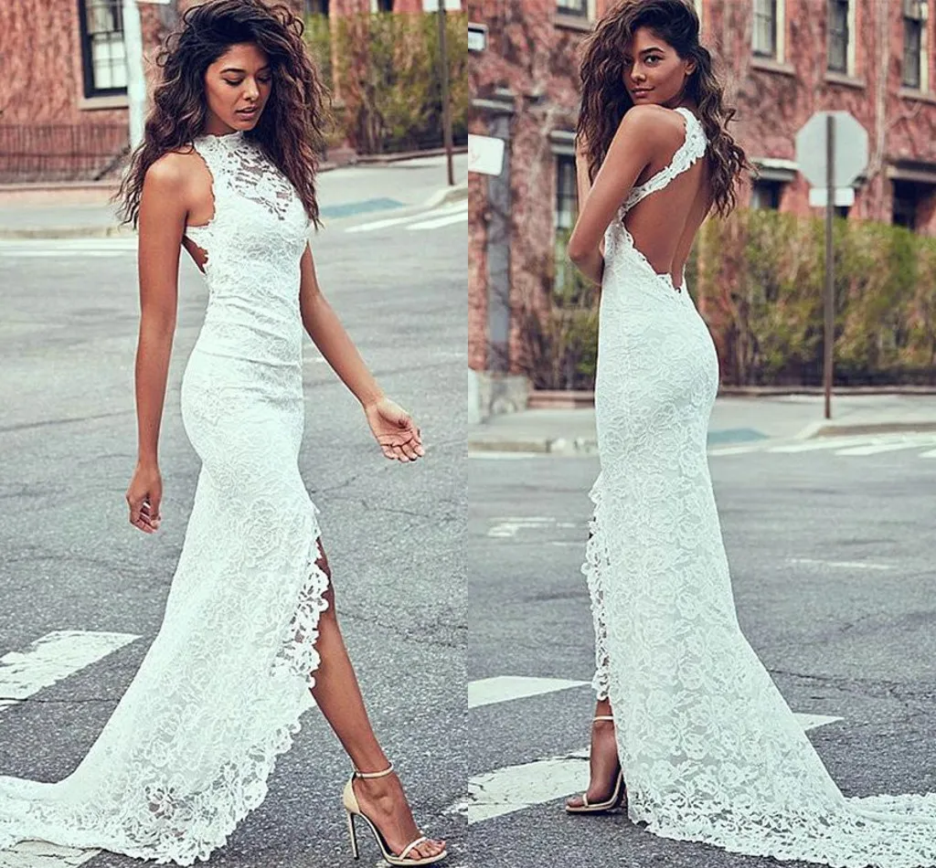 2019 Charming Split Beach Wedding Dresses Lace High Neck Sheer Keyhole Backless Party Dress For Wedding Bridal Gowns Cheap Summer