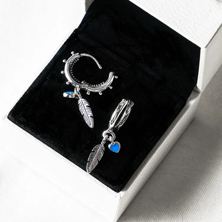 Türkisfarbene Herz- und Feder-Creolen für Damen, Luxus-Designer für Pandora, modische Ohrringe aus 925er Sterlingsilber mit Original-Logo-Box-Sets