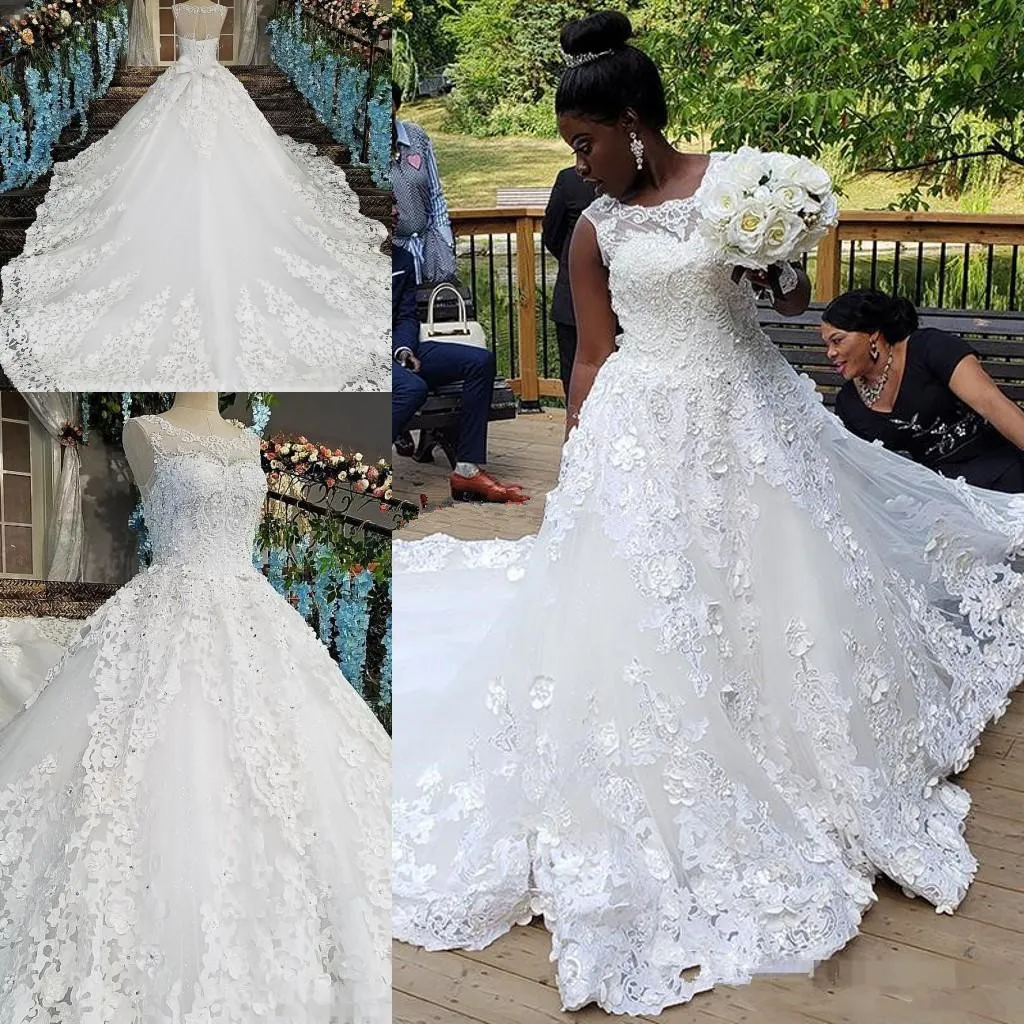 Boho Lace Wedding Dresses 2019 Jewel Neck A Line Formal Bridal Gowns Sweep Train African Wedding Dress Plus Size