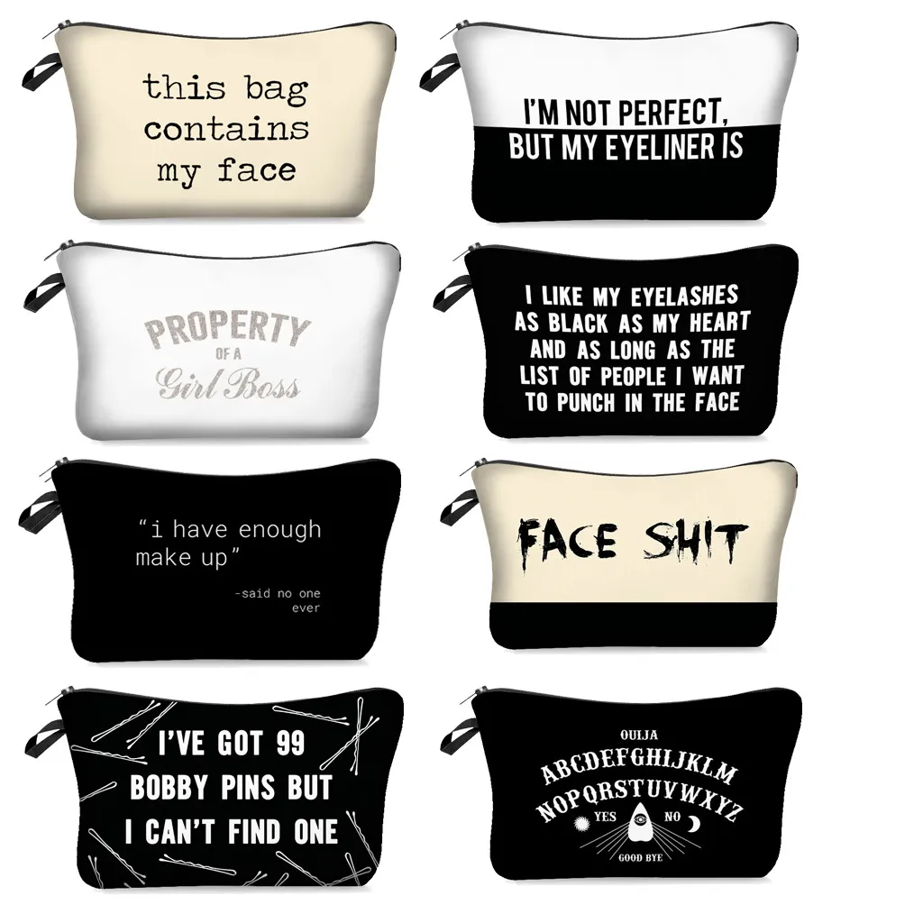 Digital Alphabet printed canvas Cosmetic Bags White and black Makeup Bag With various Pattern Pouchs For Travel