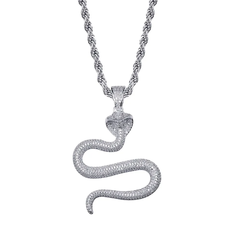 Cool Men Hip Hop Cobra Snake Pendant Necklace Platinum Plated Full Charm Bling White Zircon Jewelry