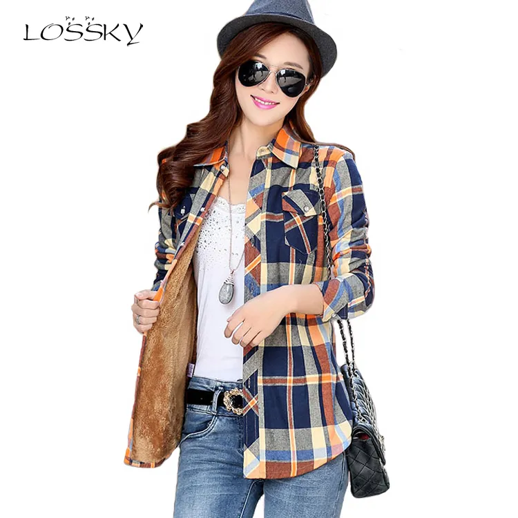 Women Winter Velvet Thick Keep Warm Plaid Blouses Long Sleeve Buttons Pocket Shirt 2018 Feminine Tops Shirts Checked Shirt Women Y190427