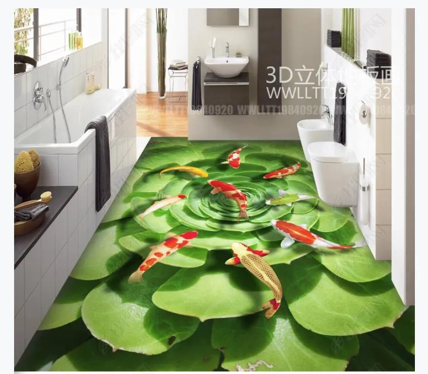 Personalizzato 3D pavimento autoadesivo murale carta da parati decorazione d'interni Succulente nove pesci immagine loto stagno acqua modello 3D pavimento del bagno